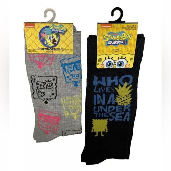 SpongeBob Crew Socks 2 Pair Men 6.5-12 Black Gray w Faces & Pineapple NEW! Nick - Picture 8 of 8